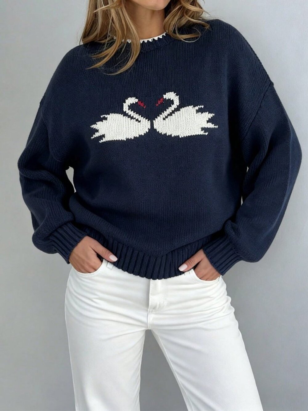 Navy Blue Casual Women's Navy Swan Pattern Pullover Sweater For - Picture 4 of 11